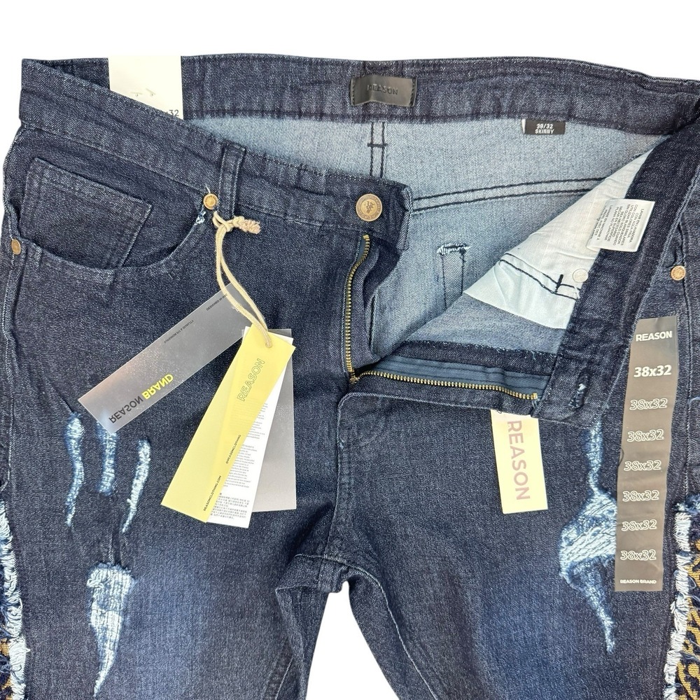 NEW REASON BRAND Men 38x32 Dark Wash Skinny Jeans Baroque Side Panel Distressed - Picture 7 of 13